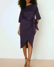 DP Wrap Style Tulip Midi Dress Ruched Draped Side With Belt 3/4 Sleeve Size 12