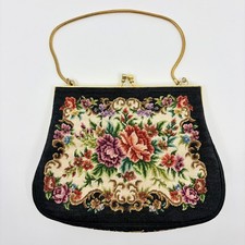 Vintage Petit Point Tapestry Purse Handbag Black Floral Design Gold Tone Handle