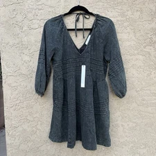 Mustard Seed Gray Stone Washed Peasant Babydoll Empire Waist Mini Dress Tunic M