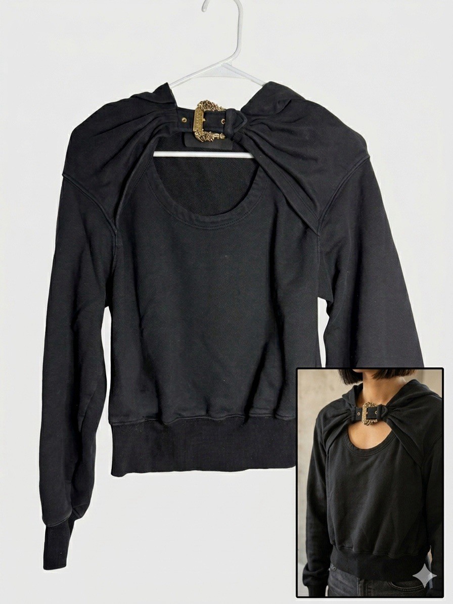 Versace Jeans Couture Black Cropped Hoodie Gold Baroque Buckle Italy Size XXS