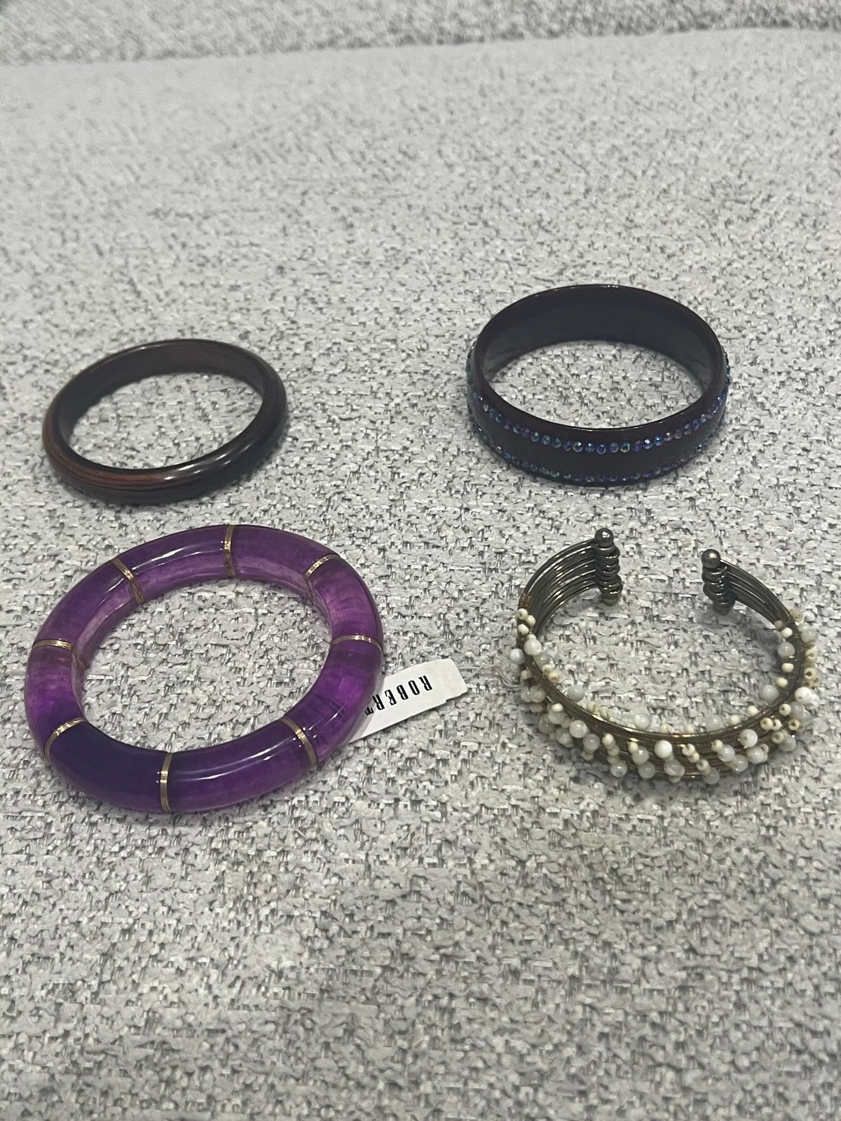 4-Piece Vintage Women Gold Tone Purple Lucite Acrylic Bangle Cuff Bracelet #G