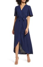 Fraiche by J Flutter Sleeve Faux Wrap Maxi Dress in Navy, Size Large