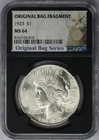1923 Original Bag Fragment Peace Silver Dollar - NGC MS 64