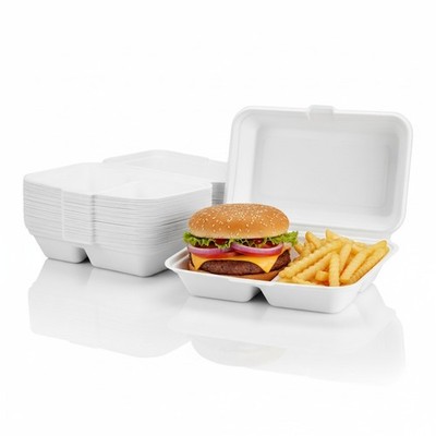 50 Burger Mahlzeit Box Lebensmittelbehälter zum Mitnehmen Einweg Bagasse Clamshel 2 Abschnitte