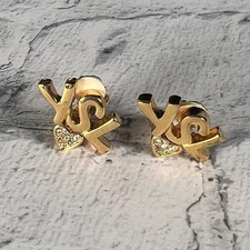 Yves Saint Laurent Stone Heart Earrings Gold A11142 Gold Tone 3cm Wide