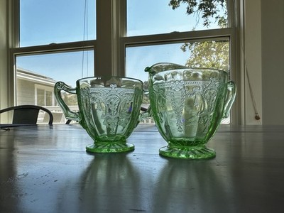 Vintage Anchor Hocking cameo green uranium glass sugar and creamer