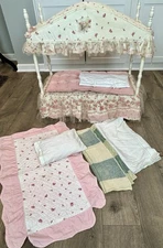 VTG Wood Canopy Doll Bed Pink White 26"LX13"WX27"H + Mattress + Bedding 1970
