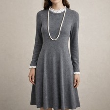 Tahari Gray Merino Wool Blend Ruffle Trim Knit Dress S Academia Minimalist