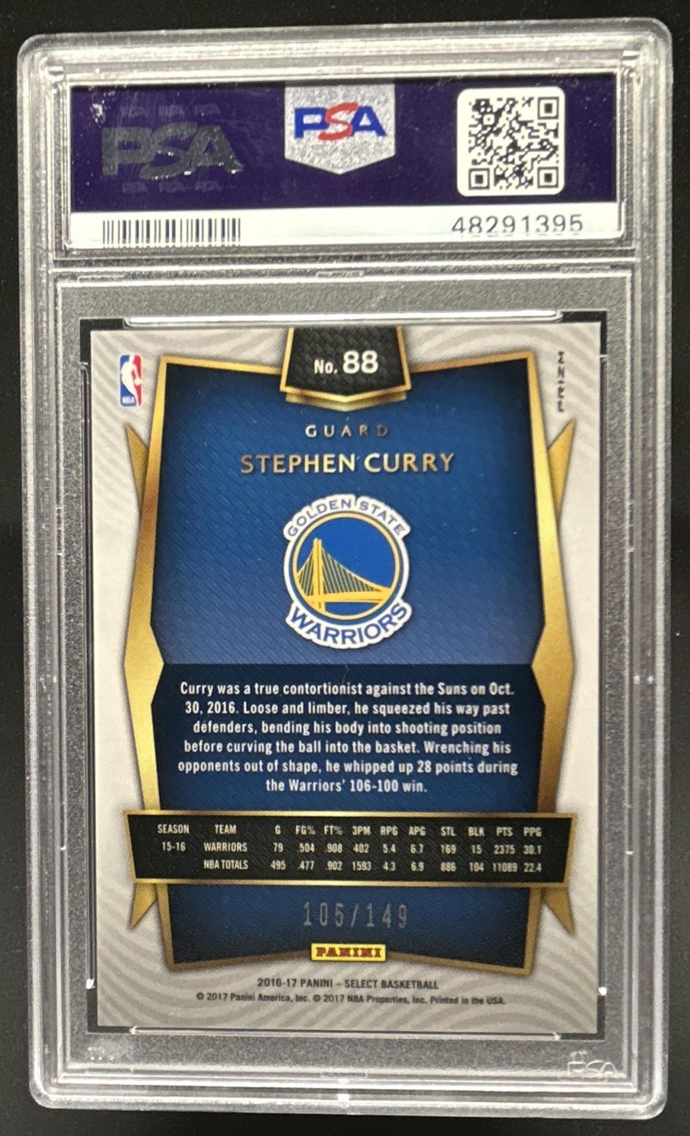 2016-17 Panini Select Stephen Curry White Prizm Concourse #/149 Warriors PSA 9 view 2