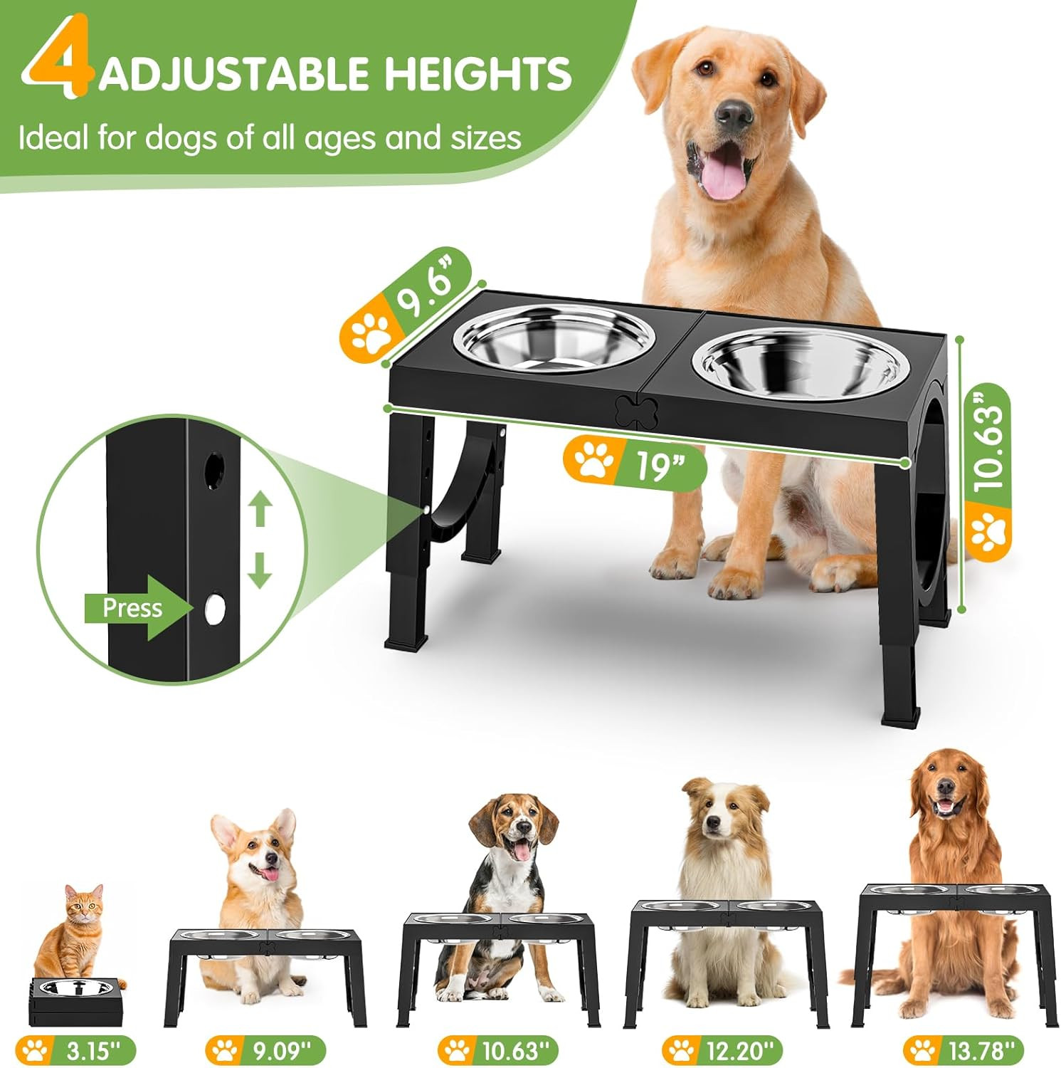 Adjustable Elevated Dog Bowl Stand for Large and Medium Breeds, Black