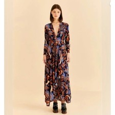 FARM RIO NEW Blue Nature Beauty Long Sleeve Maxi Dress In Nature Beauty Blue XXS