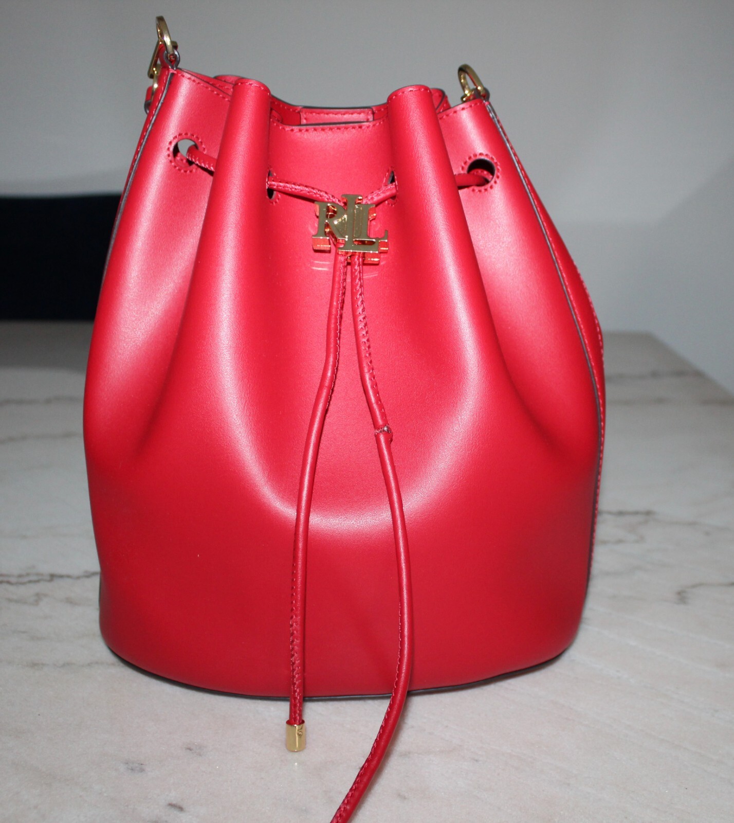 Lauren Ralph Lauren Andie Drawstring Leather Bag Red Gem