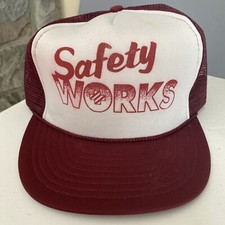 Vintage Safety Works Trucker Hat Safety First SUN SUN Cap Maroon Snapback