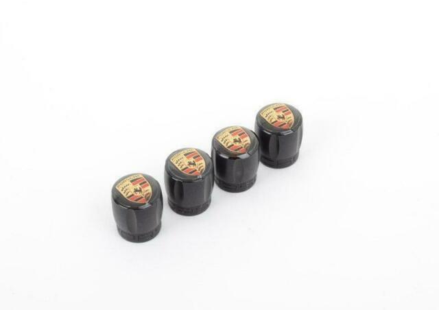 Porsche TPMS Black Valve Stem Cap with Colored Crest Set