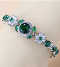 Sterling Silver Lab-Created Green Emerald  White Topaz Tennis Gemstone Bracelet