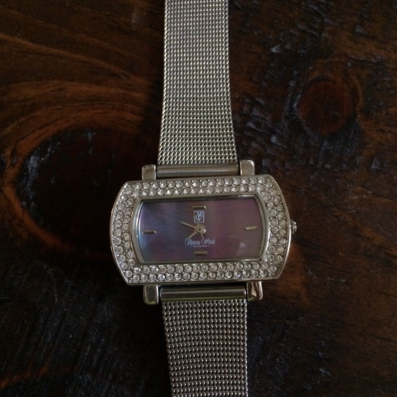 Victoria Wieck Watch Wristwatch Silver Crystals Purple Green Face Mesh Band 