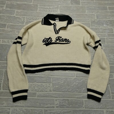 iets frans Boxy Crop Sweater Womens Medium Beige Cable Knit Collared Letterman