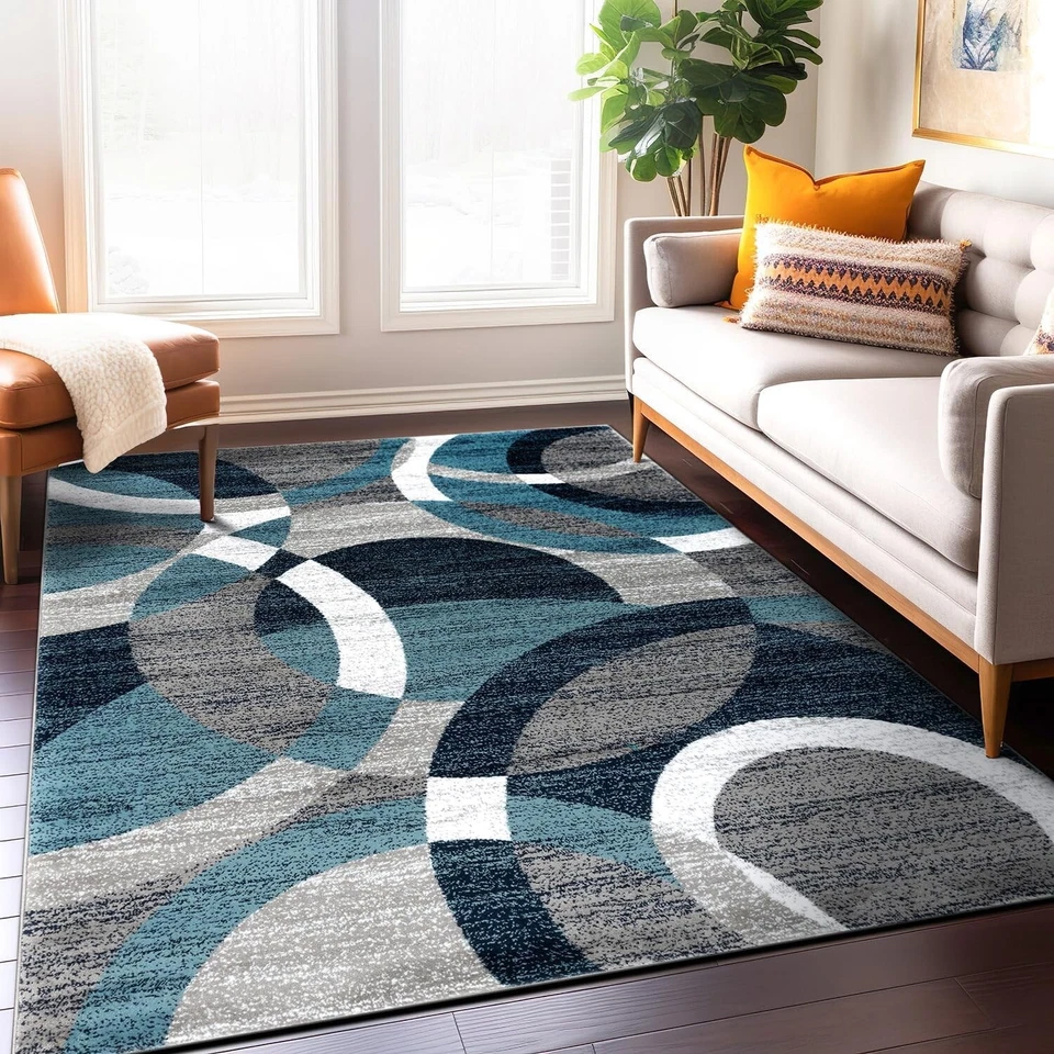 5'3" x 7'3" Blue Contemporary Abstract Circles Area Rug for High Traffic Areas - Image 3 of 4