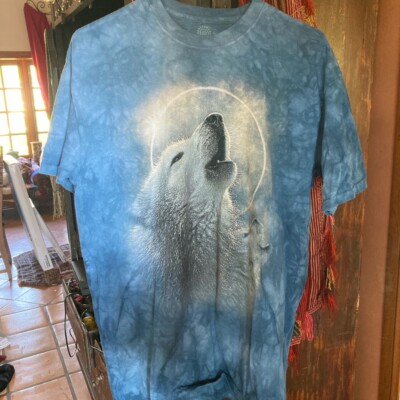 Tie Dye Howling Wolf T-Shirt Mens Large ~Blue Acid Wash~Tie Dye~