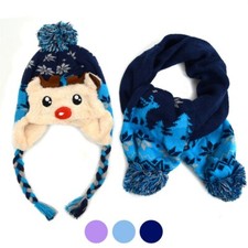 Boy or Girl REINDEER HAT  SCARF SET Shades of Blue Unisex Kids