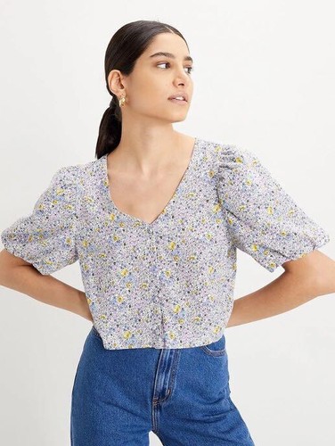 Floral Puff Sleeve Crop Blouse Top 