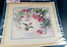 Sunset "Hummingbird and Fuchsias" Stamped Cross Stitch Kit, opened and started