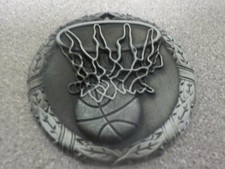 Basketball medal, Silver, award, 2", ball  hoop, boys girls, 2nd place engraved