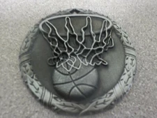 Basketball medal, Silver, award, 2", ball & hoop, boys girls, 2nd place engraved