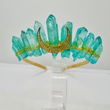 Handmade Aura Quartz Moon Tiara Bohemian Crystal Crown in Ice Blue Turquoise