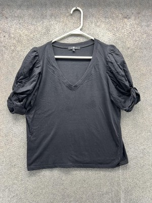 7 For All Mankind Shirt Womens Large Black V Neck Puff Short Sleeve Jersey Top