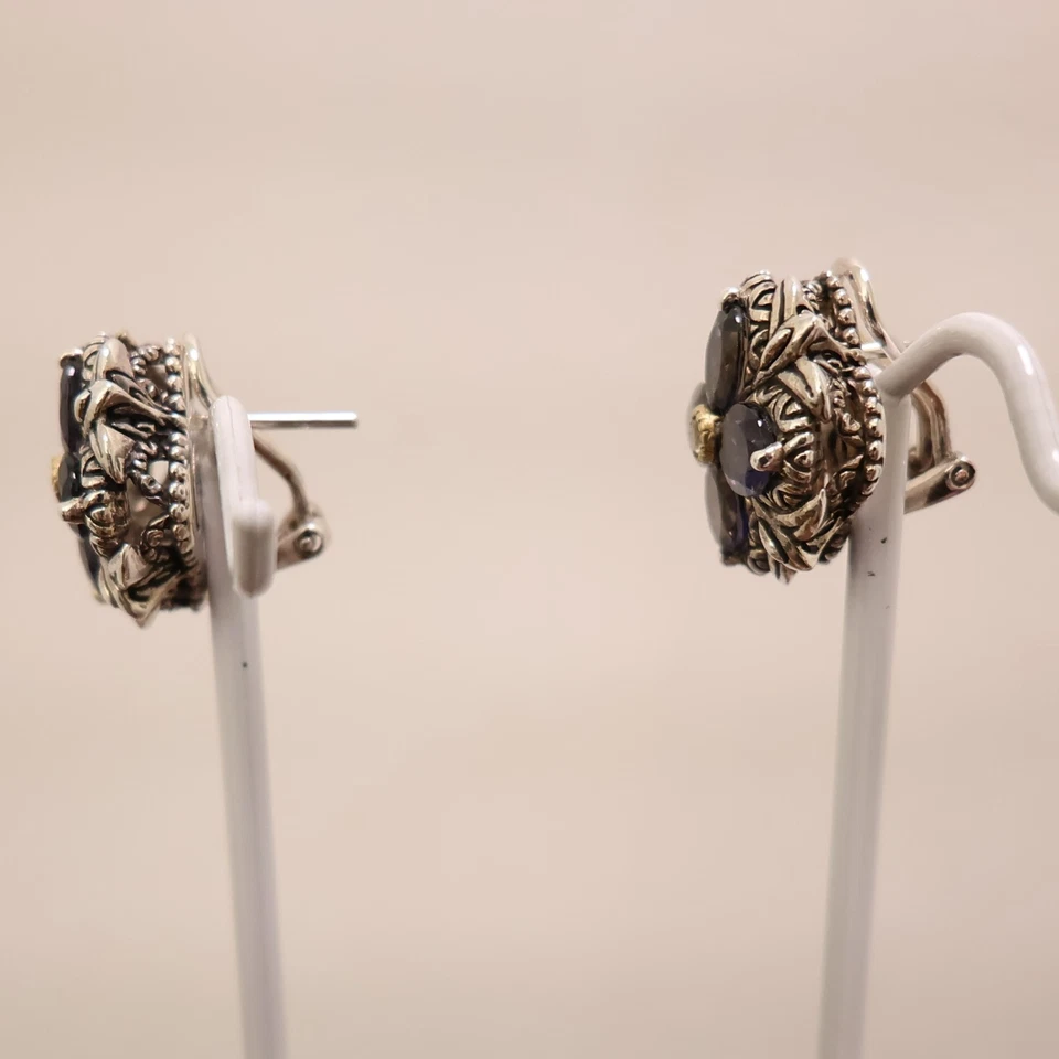 Pendientes Barbara Bixby flores tachuelas moradas amatistas plata esterlina omega 18K Foto 2 de 4