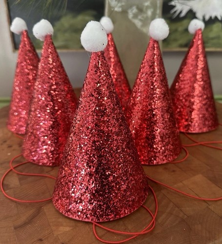 6 Meri Meri PARTY HATS  Christmas SANTA red Glitter Pom Pom Party 6” Chin Straps