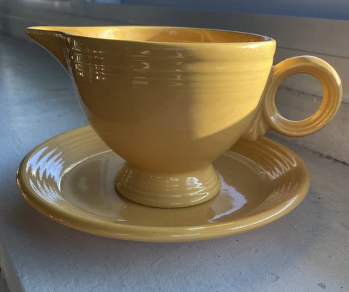 Vintage Fiestaware Yellow Ring Handle Creamer Cup & Saucer