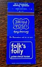 Vintage Matchbook: Folks Folly Prime Steak House, Memphis, TN