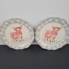 Pioneer Woman Gingham PIG Appetizer Plate 7" Scalloped Edge NEW Set Of 2