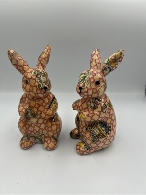 2 Vintage 7'' Tall La Vie Standing Bunny Rabbit Daisy Kingdom Glazed Collage