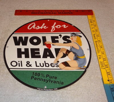 #ad VINTAGE WOLF#x27;S HEAD MOTOR OIL amp; LUBE 11 3 4quot; PORCELAIN METAL WOLFS GASOLINE SIGN $139.99