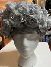 Deborah Fashions Silver Beret Hat Silver Floral Accent Made USA