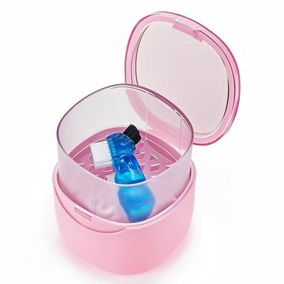 EZEELAI Partial Denture Case Leak Proof with Strainer Basket and Brush, Pink