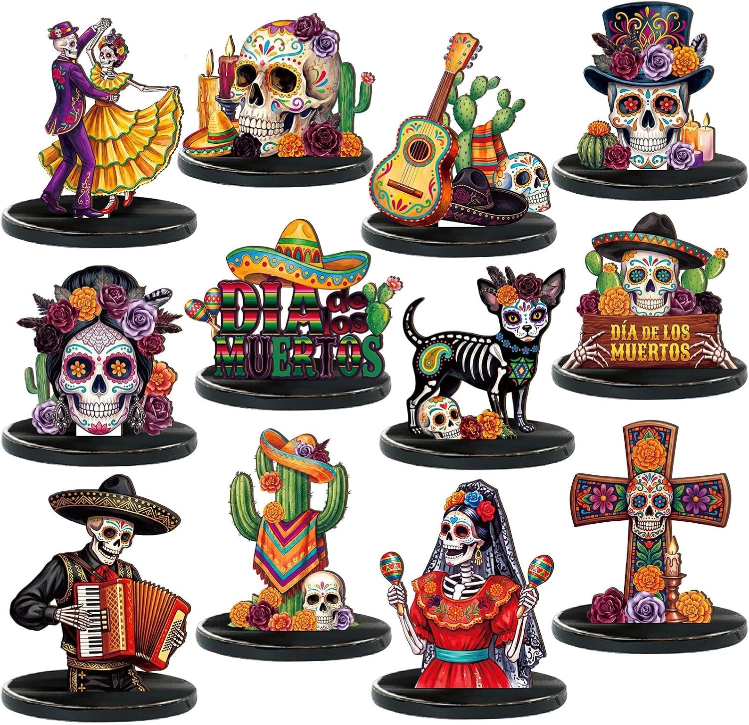 12 Pcs Day of the Dead Table Decor Skull Wooden Tiered Tray Decor Dia