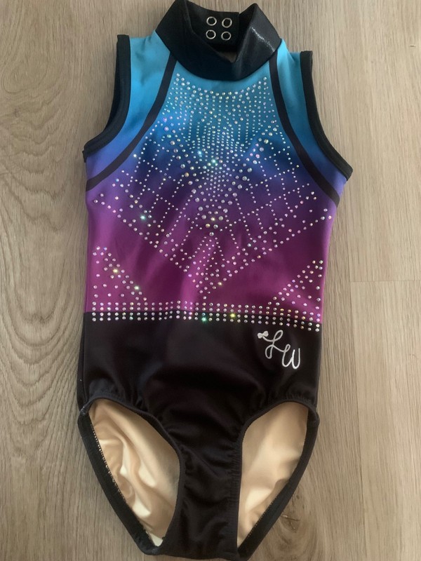 LeAnne Wong gymnastics leotard NWOT CS child small black purple blue rhinestones