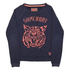 SUPERDRY Womens Navy Blue Cotton Blend Crew Neck S Tiger Graphic Sweatshirt