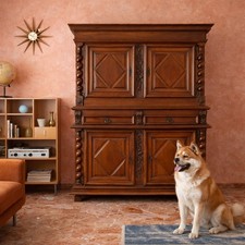Credenza Antica Doppio Corpo Noce Colonne Tortili Intagliata Provenzale Fine 700