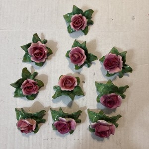 Vintage Germany Dresden porcelain PINK ROSE place card holders Green 10 In Box