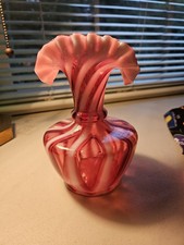Fenton Cranberry Opalescent Swirl Glass Fan Vase AS IS, 6.5"H x 4" W