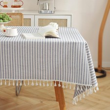 Table Cloth Blue White Striped Tablecloth Tassels Cotton Blend Dust-Proof Tab.