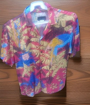 Pull & Bear Resort Shirt Men Large Red Button down Hawaiian Beach Surf Style