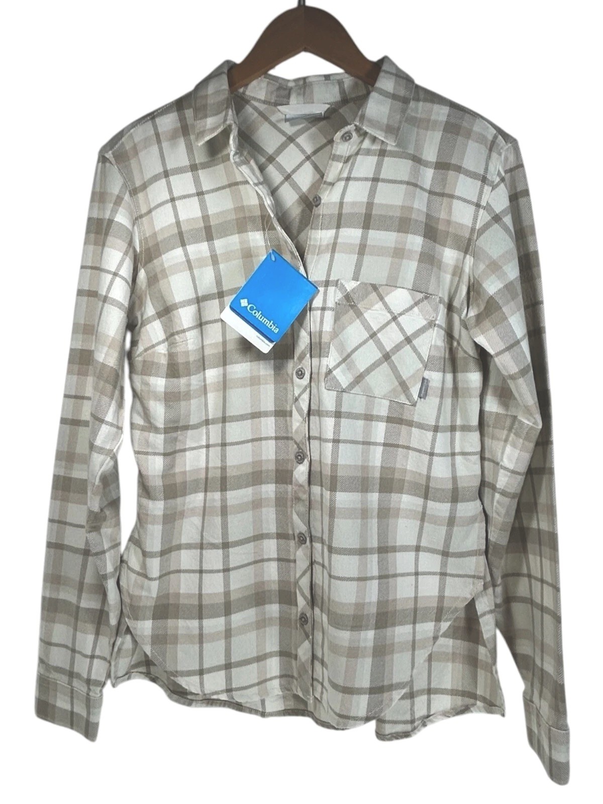 COLUMBIA Flannel Shirt Sz XS Cream Tan Plaid Button Down All Season Cotton Knit