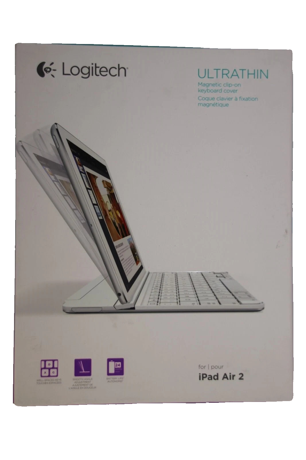 Logitech COVER TASTIERA Clip-On MAGNETICA PER iPad Air 2 ULTRA SOTTILE BIANCA