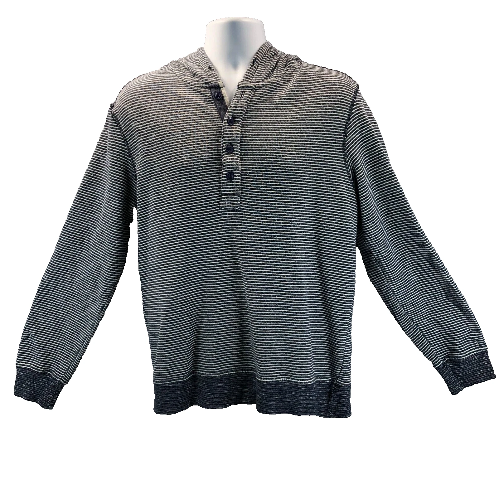 Jachs New York Mens L Cotton Blend Striped Navy Hooded Thick Knit Beachy Hoodie
